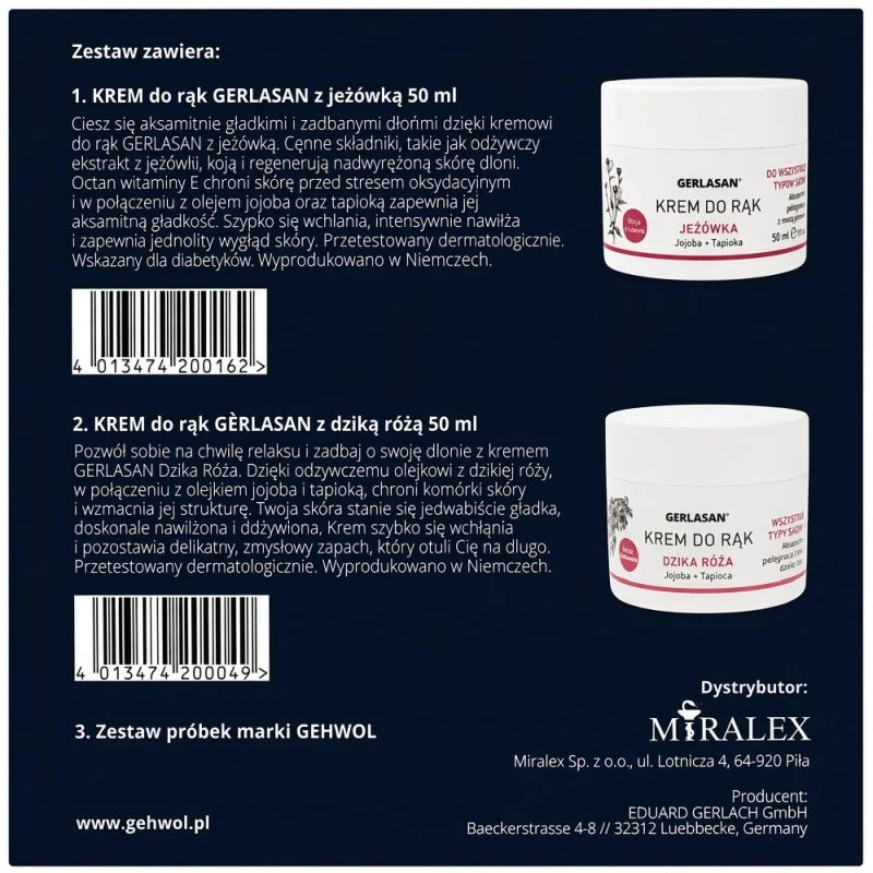Gehwol Zestaw - krem do rąk Gerlasan z jeżówką, 50 ml + krem do rąk Gerlasan z dziką różą, 50 ml - Zestaw pielęgnacyjny do suchych dłoni z olejami roślinnymi - 1