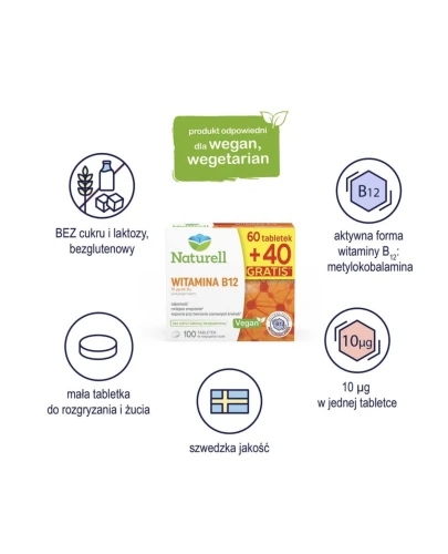 Naturell Witamina B12 10 µg, 100 tabletki do żucia - Bez cukru i laktozy oraz glutenu z aktywną formą witaminy B12 - 1