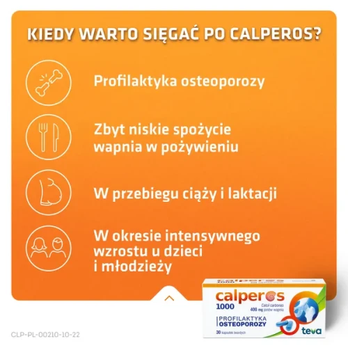 Calperos 1000, 400 mg jonów wapnia, 30 kapsułek - Lek z wapniem do stosowania w profilaktyce osteoporozy - 1