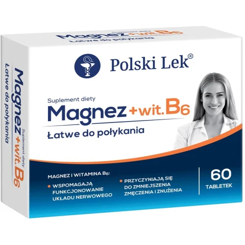 Magnez + B6, 60 tabletek, Polski Lek - Z magnezem i witaminą B6 , które pomagają w prawidłowym funkcjonowaniu mięśni oraz układu nerwowego. - 1
