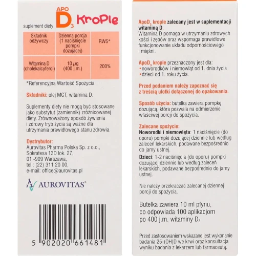 ApoD3 krople 400 j.m., 10ml - Suplement diety z witaminą D postaci kropli zawieszonych w oleju słonecznikowym dla noworodków, niemowląt oraz dzieci powyżej 1. roku życia - 3