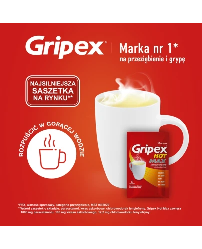 Gripex Hot Max, proszek do sporządzania roztworu doustnego, 12 saszetek - Wieloskładnikowy lek z wysoką dawką paracetamolu - 1