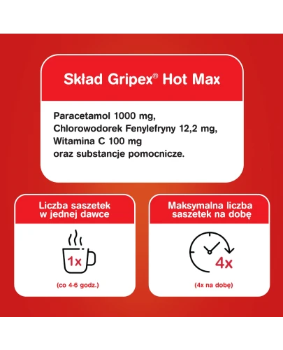 Gripex Hot Max, proszek do sporządzania roztworu doustnego, 12 saszetek - Wieloskładnikowy lek z wysoką dawką paracetamolu - 2