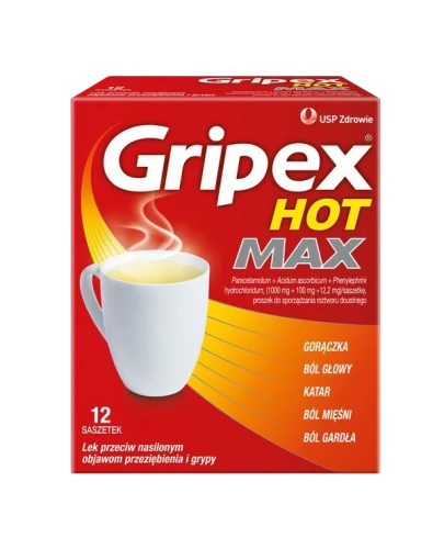 Gripex Hot Max, proszek do sporządzania roztworu doustnego, 12 saszetek - Wieloskładnikowy lek z wysoką dawką paracetamolu - 4