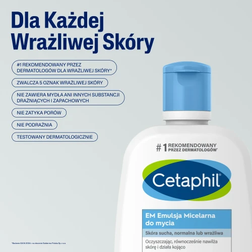 Cetaphil EM Emulsja Micelarna do mycia, 250 ml - Do mycia skóry suchej, wrażliwej,  przed i po zabiegach dermatologicznych - 1