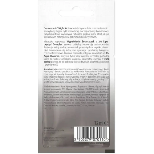 L'biotica Dermomask Night Active Wypełnienie zmarszczek, maseczka naprawcza do twarzy, 12 ml - Redukcja widoczności zmarszczek, spłycenie bruzd na czole - 1