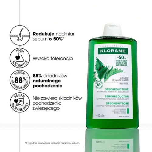 Klorane Pokrzywa Szampon do włosów przetłuszczających się,  400 ml - Oczyszcza i redukuje nadmiar sebum - 1