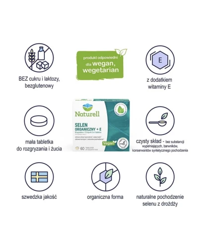 Naturell Selen Organiczny + E, 60 tabletek do ssania  - Wspiera prawidłowe funkcjonowanie układu odpornościowego i tarczycy - 1
