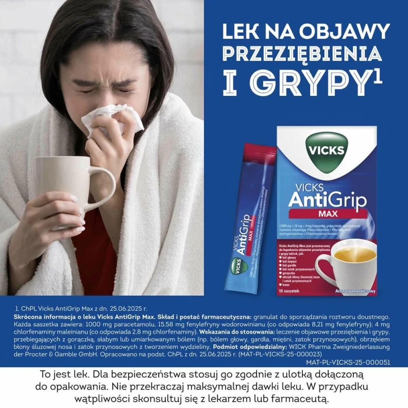 Vicks AntiGrip Max granulat do sporządzania roztworu doustnego, 10 saszetek - Do stosowania leczeniu objawowym infekcji, takich jak grypa i przeziębienie - 1