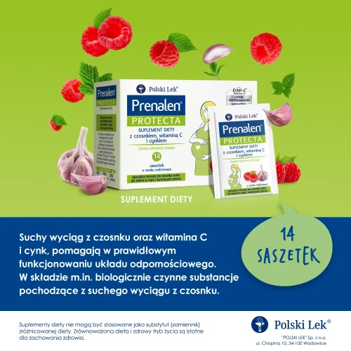 Prenalen smak malinowy, 14 saszetek - Zawierające suchy wyciąg z czosnku, witaminę C i cynk - 2