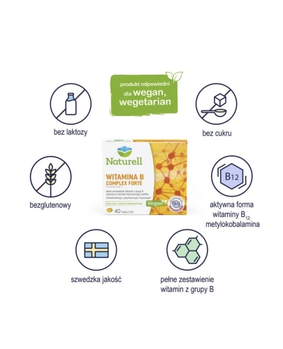 Naturell Witamina B Complex Forte, 40 tabletek  - Bez cukru i laktozy z witaminami z grupy B, metylokobalaminą B12 oraz witaminą B3 - 1