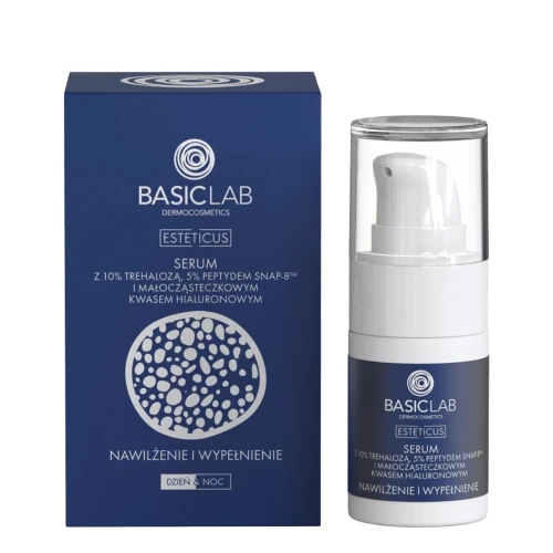 BasicLab Esteticus 10% Trehaloza, 5% Peptyd Serum do twarzy, 15 ml - Serum wygładzające zmarszczki mimiczne i wzmacniające barierę hydrolipidową dla elastycznej, nawilżonej skóry - 1