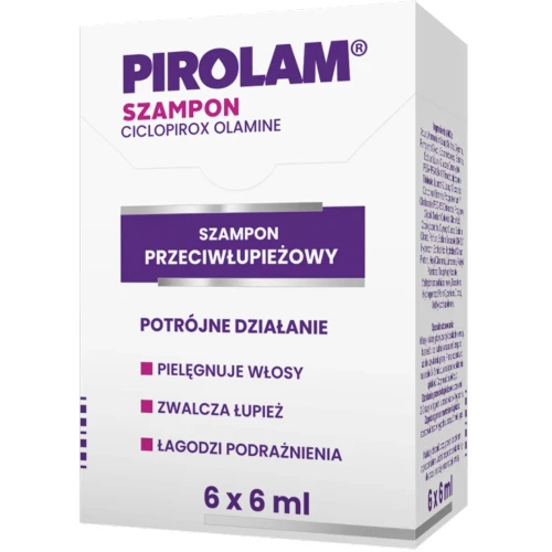 Pirolam, szampon przeciwłupieżowy, 6 saszetek x 6 ml - Zmniejsza zaczerwienienie skóry głowy, dba o kondycję włosów - 1