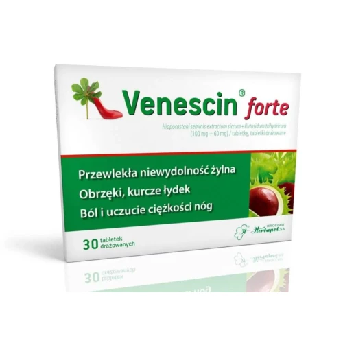 Venescin forte, 30 tabletek drażowanych - Przewlekła niewydolność żylna, obrzęki, kurcze łydek, ból i uczucie ciężkości nóg - 1