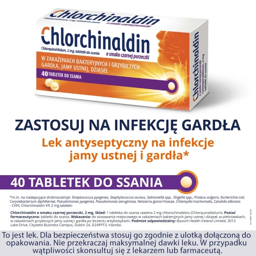 Chlorchinaldin 2 mg, czarna porzeczka, 40 tabletek do ssania - Na zakażenia bakteryjne i grzybicze jamy ustnej i gardła - 1