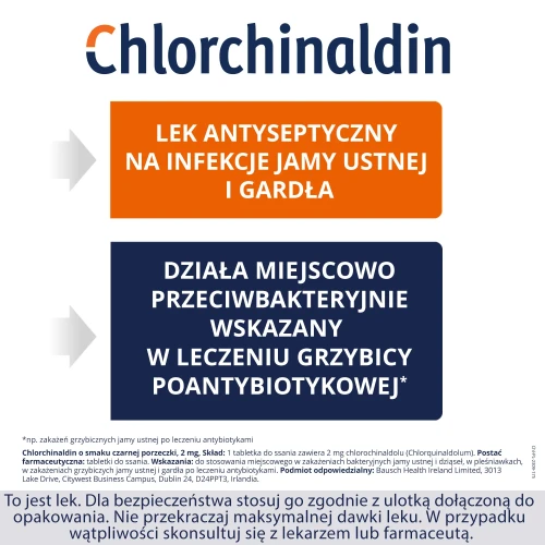 Chlorchinaldin 2 mg, czarna porzeczka, 40 tabletek do ssania - Na zakażenia bakteryjne i grzybicze jamy ustnej i gardła - 2