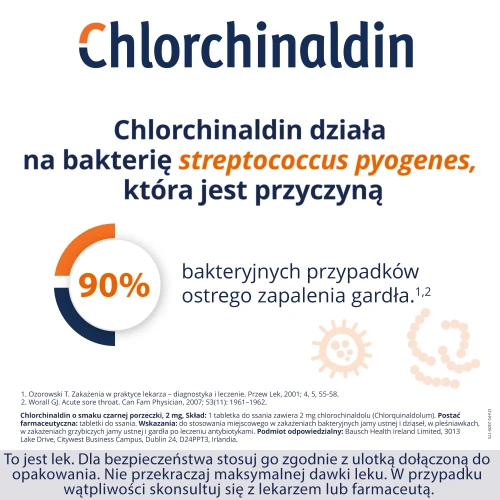 Chlorchinaldin 2 mg, czarna porzeczka, 40 tabletek do ssania - Na zakażenia bakteryjne i grzybicze jamy ustnej i gardła - 3