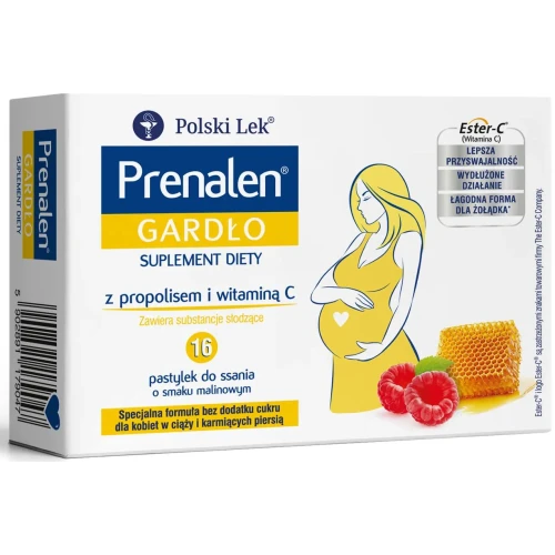 Prenalen Gardło Immuno, bez cukru, 16 pastylek do ssania - O pomarańczowo-cytrynowym smaku z propolisem i witaminą C dla kobiet w ciąży - 1