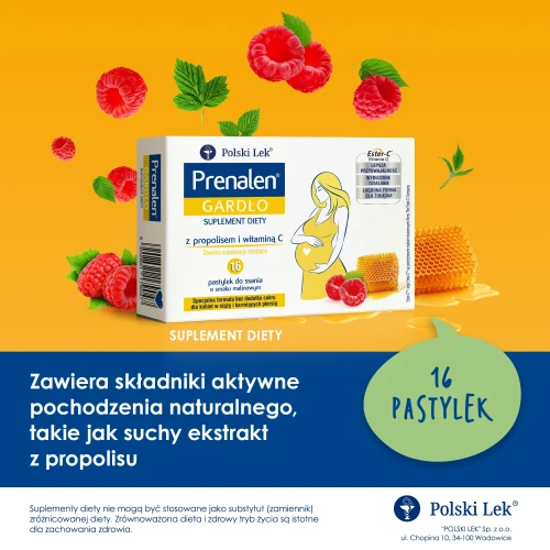 Prenalen Gardło Immuno, bez cukru, 16 pastylek do ssania - O pomarańczowo-cytrynowym smaku z propolisem i witaminą C dla kobiet w ciąży - 2