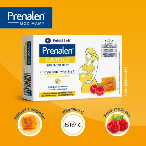 Prenalen Gardło Immuno, bez cukru, 16 pastylek do ssania - O pomarańczowo-cytrynowym smaku z propolisem i witaminą C dla kobiet w ciąży - 4