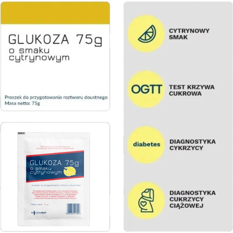 Diather Glukoza, smak cytrynowy, proszek 75 g  - Precyzyjna dawka do testu obciążenia glukozą oraz postępowania dietetycznego w hipoglikemii - 2