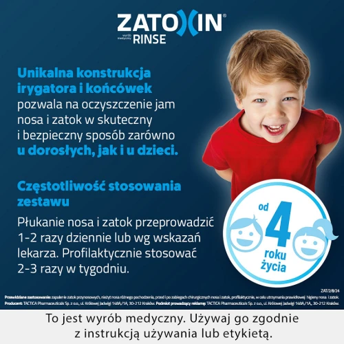 Zatoxin Rinse, zestaw do płukania nosa i zatok, 1 butelka + 12 saszetek - Zestaw podstawowy do płukania nosa i zatok, wspierający higienę nosa - 1