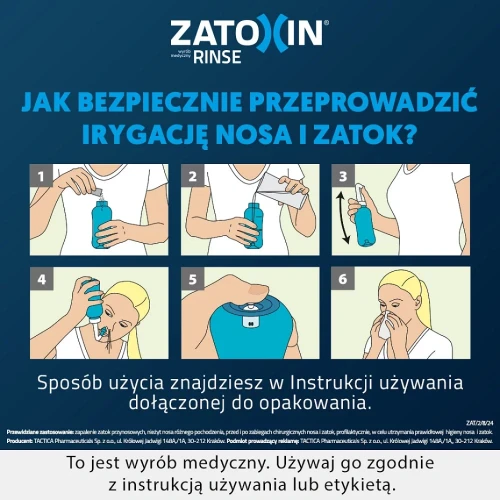 Zatoxin Rinse, zestaw do płukania nosa i zatok, 1 butelka + 12 saszetek - Zestaw podstawowy do płukania nosa i zatok, wspierający higienę nosa - 2