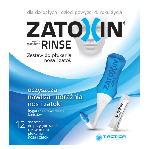 Zatoxin Rinse, zestaw do płukania nosa i zatok, 1 butelka + 12 saszetek - Zestaw podstawowy do płukania nosa i zatok, wspierający higienę nosa - 3