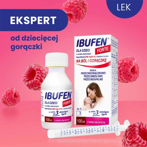 Ibufen Forte 200mg/5ml malinowy, zawiesina doustna 100 ml - Syrop dla dzieci przeciwbólowy i przeciwgorączkowy bez cukru i sztucznych barwników - 1