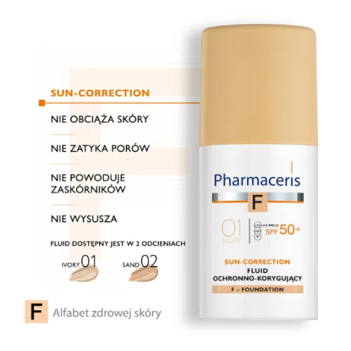 Pharmaceris F Sun-Correction SPF 50+, Ivory 01, 30 ml - Fluid ochronno-korygujący - Najwyższa ochrona - 1