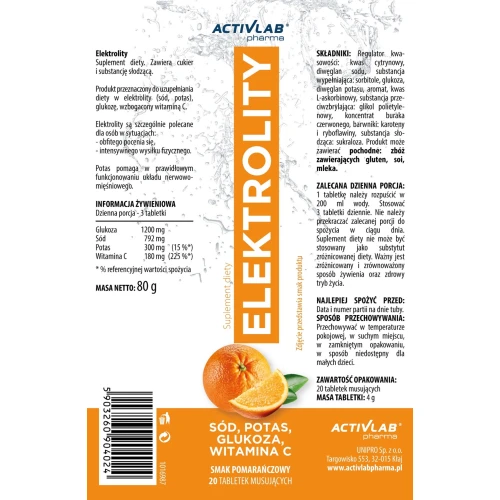 Activlab Pharma Elektrolity smak pomarańczowy, 20 tabletek musujących - Preparat nawadniający organizm, elektrolity w tabletkach musujących - 2