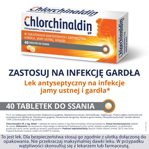 Chlorchinaldin VP 2 mg, 40 tabletek do ssania - Leczenie bakteryjnych i grzybiczych infekcji gardła i jamy ustnej  - 1