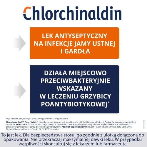 Chlorchinaldin VP 2 mg, 40 tabletek do ssania - Leczenie bakteryjnych i grzybiczych infekcji gardła i jamy ustnej  - 2