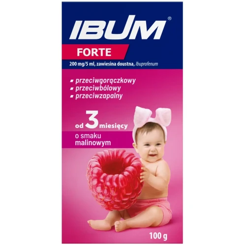 Ibum Forte 200 mg/5 ml, smak malinowy, zawiesina doustna 100 g  - O działaniu przeciwbólowym, przeciwgorączkowym i przeciwzapalnym - 1