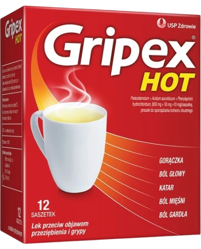 Gripex Hot, proszek do sporządzania roztworu doustnego, 12 saszetek - Wieloskładnikowy lek na objawy przeziębienia - 1