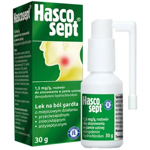 Hascosept aerozol do stosowania w jamie ustnej, 30g - Leczene objawów związanych ze stanem zapalnym jamy ustnej i gardła - 1