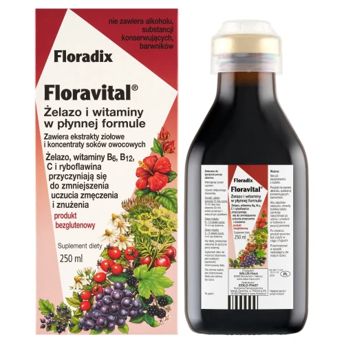 Floradix Żelazo i Witaminy, tonik, 250 ml - Wyciągi z ziół i ekstrakty z soków owocowych i warzywnych z żelazem i witaminami - 1
