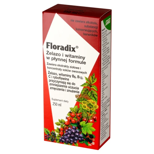 Floradix Żelazo i Witaminy, tonik 250 ml - Wyciągi z ziół i ekstrakty z soków owocowych i warzywnych z żelazem i witaminami - 1