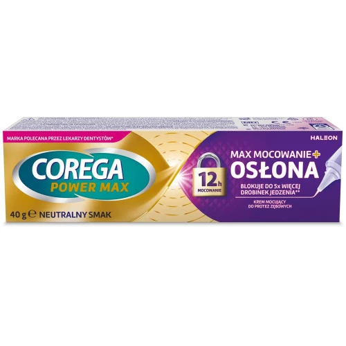 Corega Power Max Mocowanie + Osłona, neutralny smak, krem mocujący, 40 g - Silnie mocuje protezy częściowe i całkowite - 1