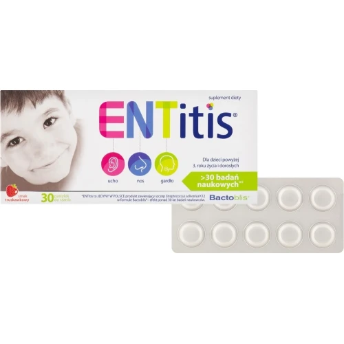 ENTitis smak truskawkowy, 30 pastylek do ssania  - Kompozycja bakterii probiotycznych Streptococcus salivarius K12 i witaminy D3 - 1