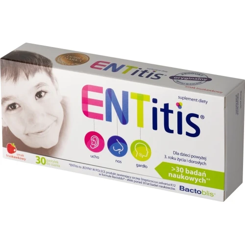 ENTitis smak truskawkowy, 30 pastylek do ssania  - Kompozycja bakterii probiotycznych Streptococcus salivarius K12 i witaminy D3 - 2