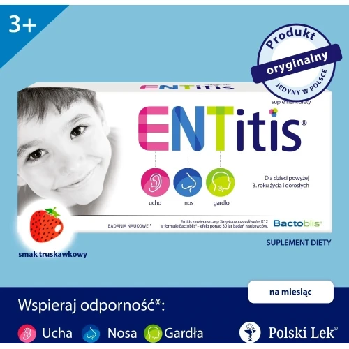 ENTitis smak truskawkowy, 30 pastylek do ssania  - Kompozycja bakterii probiotycznych Streptococcus salivarius K12 i witaminy D3 - 3