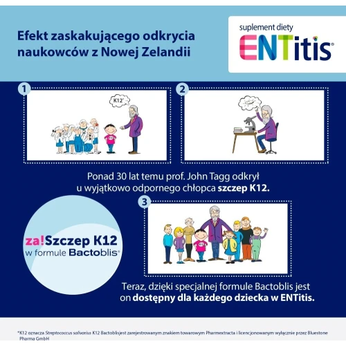 ENTitis smak truskawkowy, 30 pastylek do ssania  - Kompozycja bakterii probiotycznych Streptococcus salivarius K12 i witaminy D3 - 4