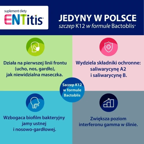 ENTitis smak truskawkowy, 30 pastylek do ssania  - Kompozycja bakterii probiotycznych Streptococcus salivarius K12 i witaminy D3 - 6