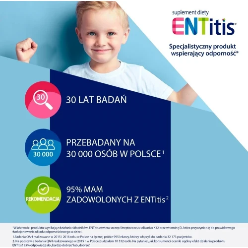 ENTitis smak truskawkowy, 30 pastylek do ssania  - Kompozycja bakterii probiotycznych Streptococcus salivarius K12 i witaminy D3 - 7