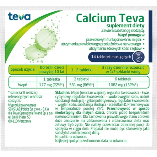 Calcium Teva, 14 tabletek musujących - Tabletki musujące zawierające mleczan wapnia - 1
