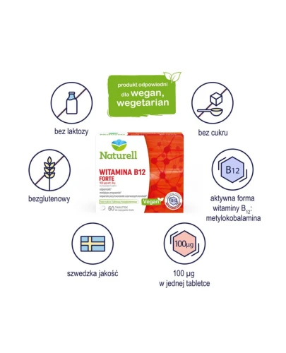 Naturell Witamina B12 Forte, 100 µg, 60 tabletek - Do rozgryzania i żucia, bez cukru i laktozy oraz glutenu z aktywną formą witaminy B12  - 1