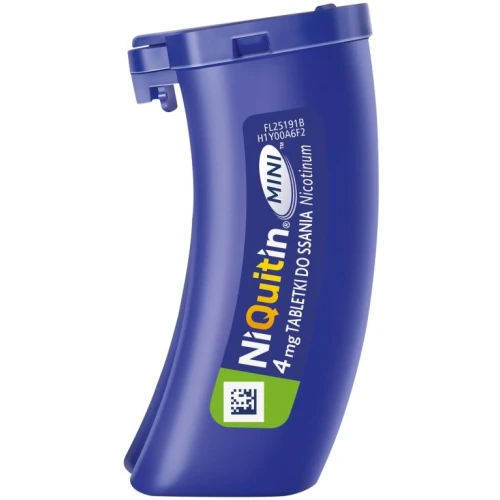 NiQuitin MINI 4 mg, 20 tabletek do ssania - 1 tabletka do ssania zawiera 4 mg nikotyny (w postaci nikotyny z kationitem) - 1