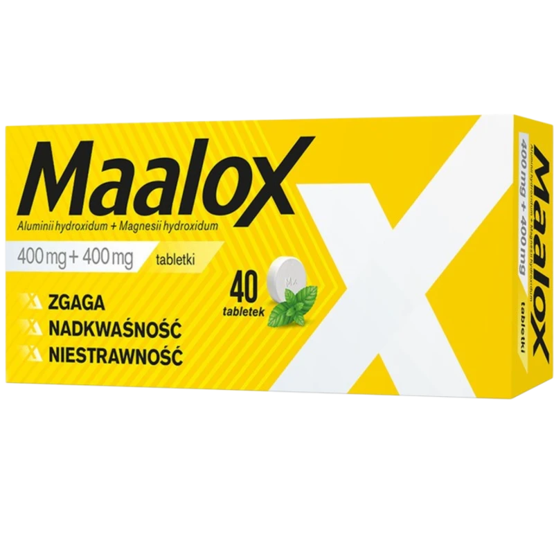 Maalox, 400 mg + 400 mg, 40 tabletek do ssania - Miętowe tabletki do ssania na niestrawność i zgagę - 1