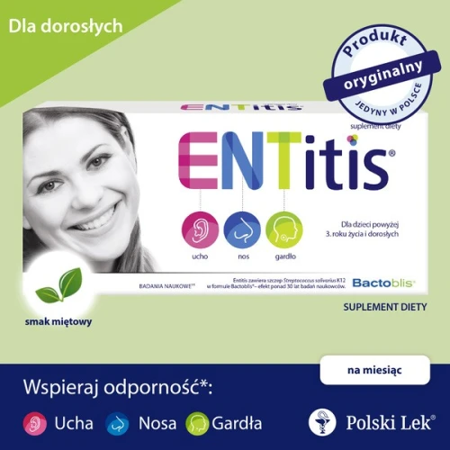 ENTitis smak miętowy, 30 pastylek do ssania  - Preparat probiotyczny ze szczepem Streptococcus salivarius K12 - 3